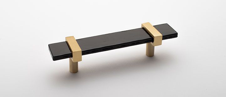 Sietto Adjustable P-1903-5.5-SB Black Glass w/ Satin Brass stems, pull 5.5" long x 1" wide glass (5.5" x 1-1/4" with the metal bases) x 1-1/2" projection off surface, two screw holes