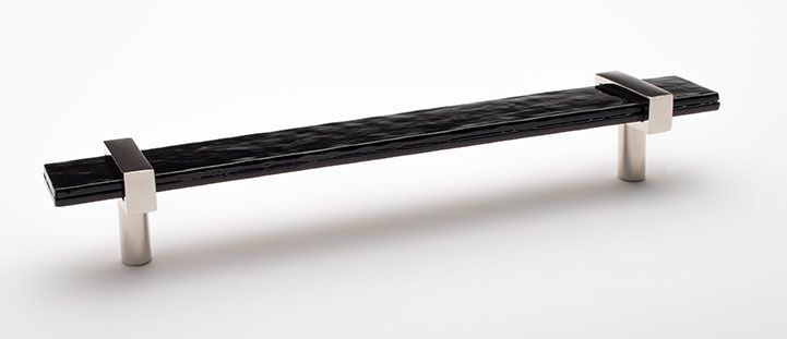 Sietto Adjustable P-1903-9-PN Black Glass w/ Polished Nickel stems, pull 9" long x 1" wide glass (9" x 1-1/4" with the metal bases) x 1-1/2" projection off surface, two screw holes