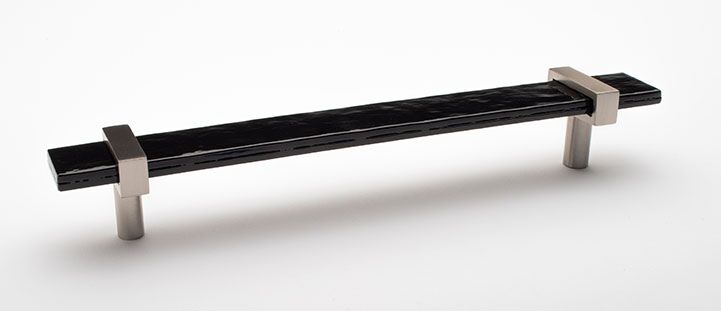 Sietto Adjustable P-1903-9-SN Black Glass w/ Satin Nickel stems, pull 9" long x 1" wide glass (9" x 1-1/4" with the metal bases) x 1-1/2" projection off surface, two screw holes