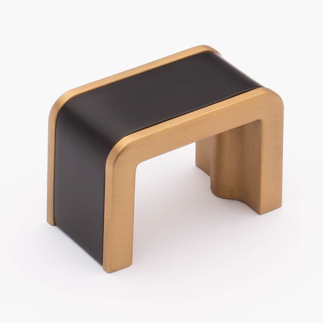 Sietto Fusion K-2000-MB-SB Matte Black w/ Satin Brass finish, knob (finger pull) 1-3/4" long x 1" wide x 1-1/4" projection off surface, 1-3/8" CTC, two screw holes