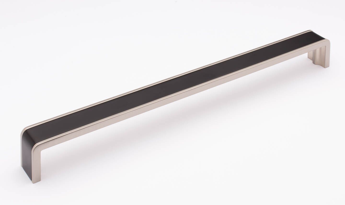 Sietto Fusion P-2000-12-MB-SN Matte Black w/ Satin Nickel finish, Pull 12-3/8" long x 1" wide x 1-1/4" projection off surface, 12" CTC, two screw holes