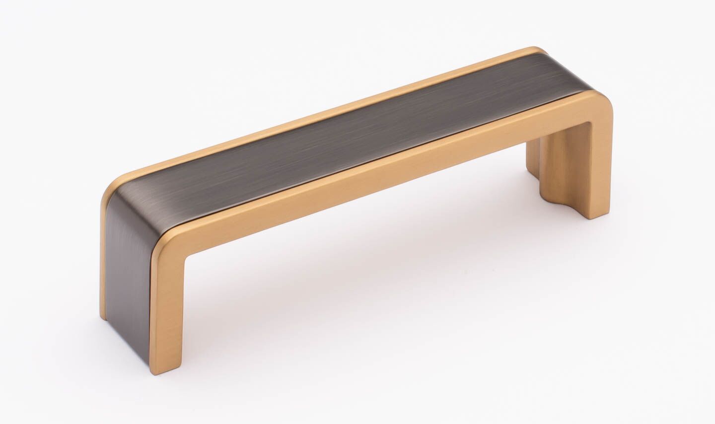 Sietto Fusion P-2000-4-G-SB Gunmetal w/ Satin Brass finish, pull 4-3/8" long x 1" wide x 1-1/4" projection off surface, 4" CTC, two screw holes