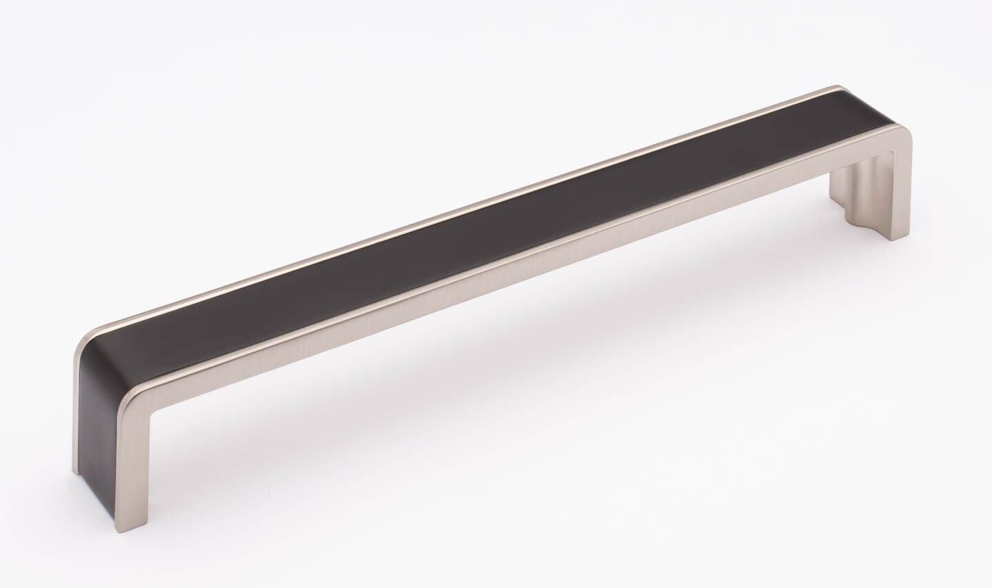 Sietto Fusion P-2000-8-MB-SN Matte Black w/ Satin Nickel finish, Pull 8-3/8" long x 1" wide x 1-1/4" projection off surface, 8" CTC, two screw holes