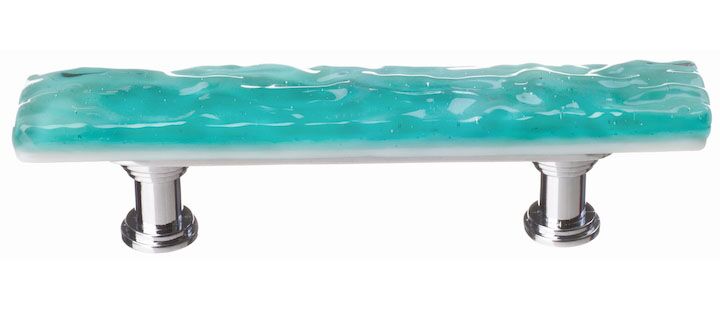Sietto Glacier SP-207 skinny width pull, Aqua glass color, 5" long x 7/8" wide, 1-1/4" projection, 3" CTC two screw holes