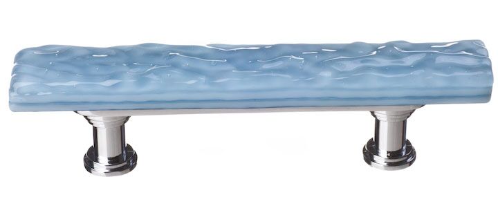Sietto Glacier SP-215 skinny width pull, Powder Blue glass color, 5" long x 7/8" wide, 1-1/4" projection, 3" CTC two screw holes