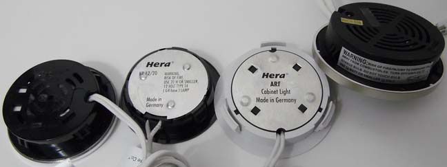 Back views of Hera Lighting old halogen lights E1 KB12 ARF XR1